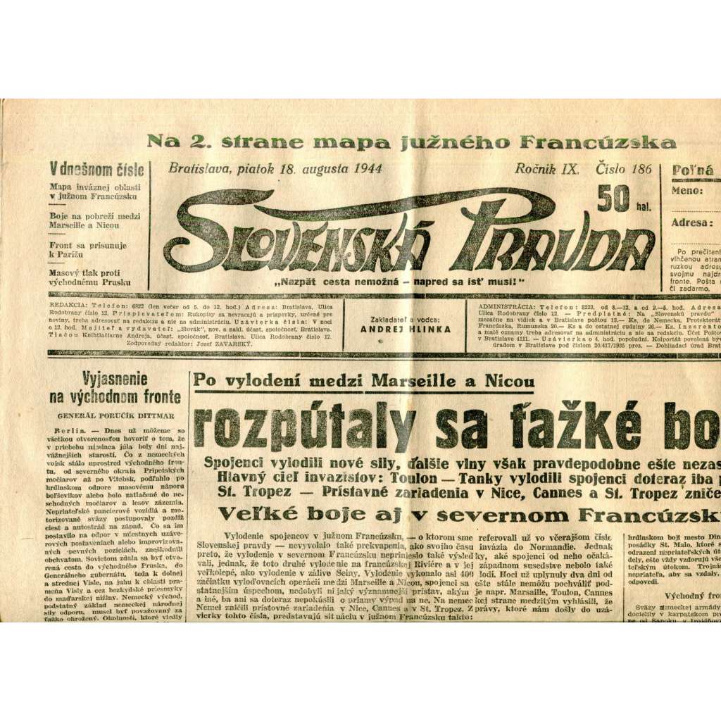 Slovenská pravda 18.8.1944 (noviny, text slovensky, zakladatel Andrej Hlinka, Slovenský stát)