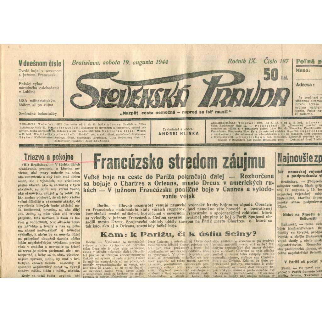 Slovenská pravda 19.8.1944 (noviny, text slovensky, zakladatel Andrej Hlinka, Slovenský stát)