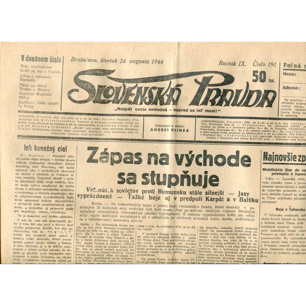 Slovenská pravda 24.8.1944 (noviny, text slovensky, zakladatel Andrej Hlinka, Slovenský stát)
