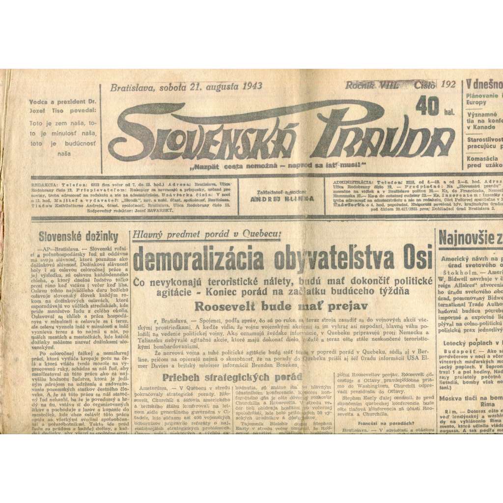 Slovenská pravda 21.8.1943 (noviny, text slovensky, zakladatel Andrej Hlinka, Slovenský stát)