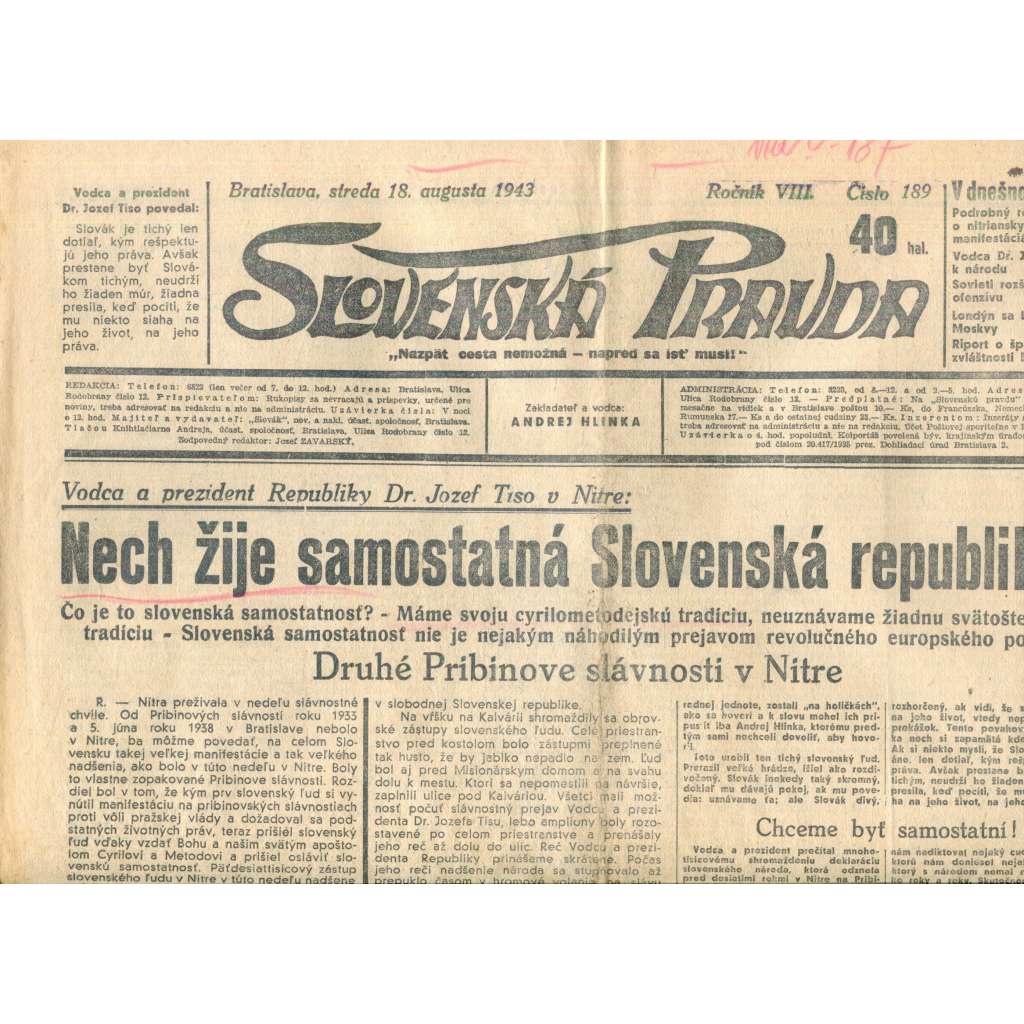 Slovenská pravda 18.8.1943 (noviny, text slovensky, zakladatel Andrej Hlinka, Slovenský stát)