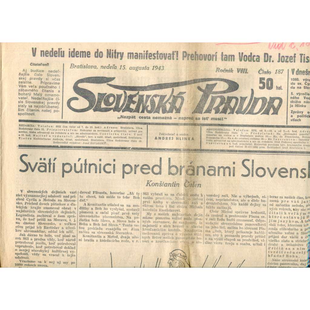 Slovenská pravda 15.8.1943 (noviny, text slovensky, zakladatel Andrej Hlinka, Slovenský stát)
