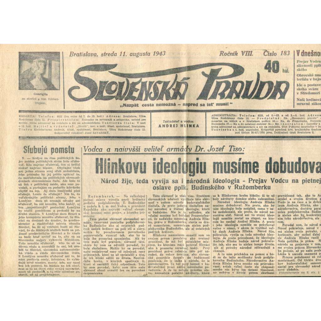 Slovenská pravda 11.8.1943 (noviny, text slovensky, zakladatel Andrej Hlinka, Slovenský stát)