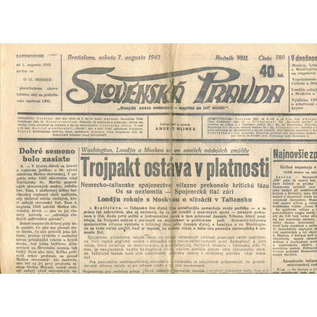 Slovenská pravda 7.8.1943 (noviny, text slovensky, zakladatel Andrej Hlinka, Slovenský stát)