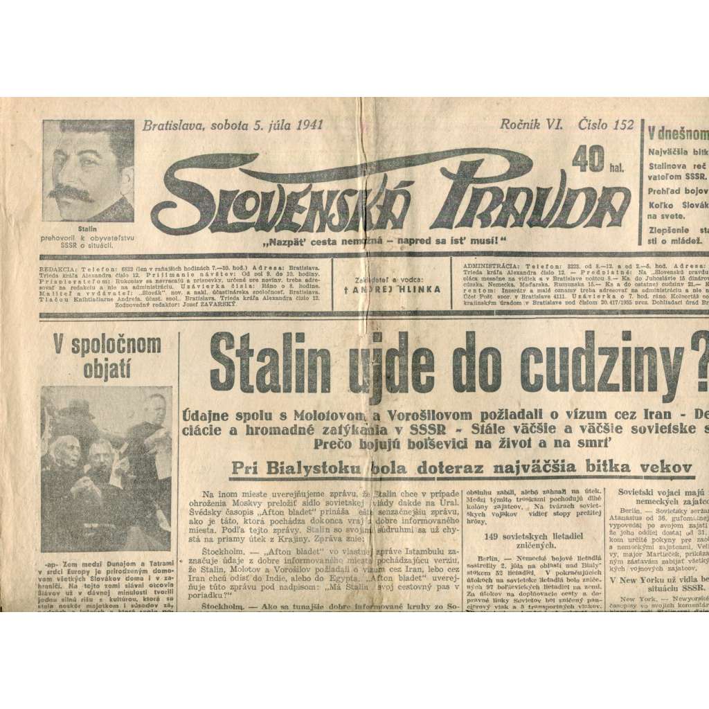 Slovenská pravda 5.7.1941 (noviny, text slovensky, zakladatel Andrej Hlinka, Slovenský stát)