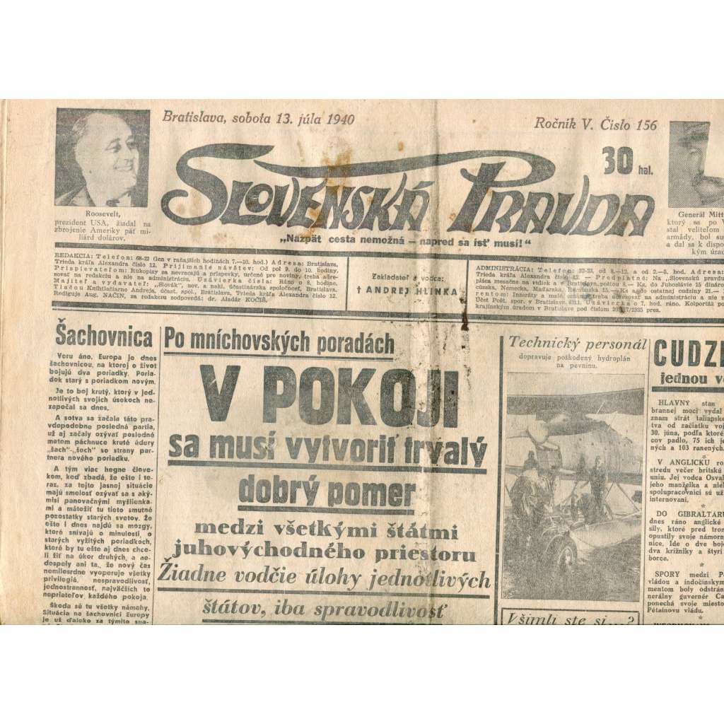 Slovenská pravda 13.7.1940 (noviny, text slovensky, zakladatel Andrej Hlinka, Slovenský stát)