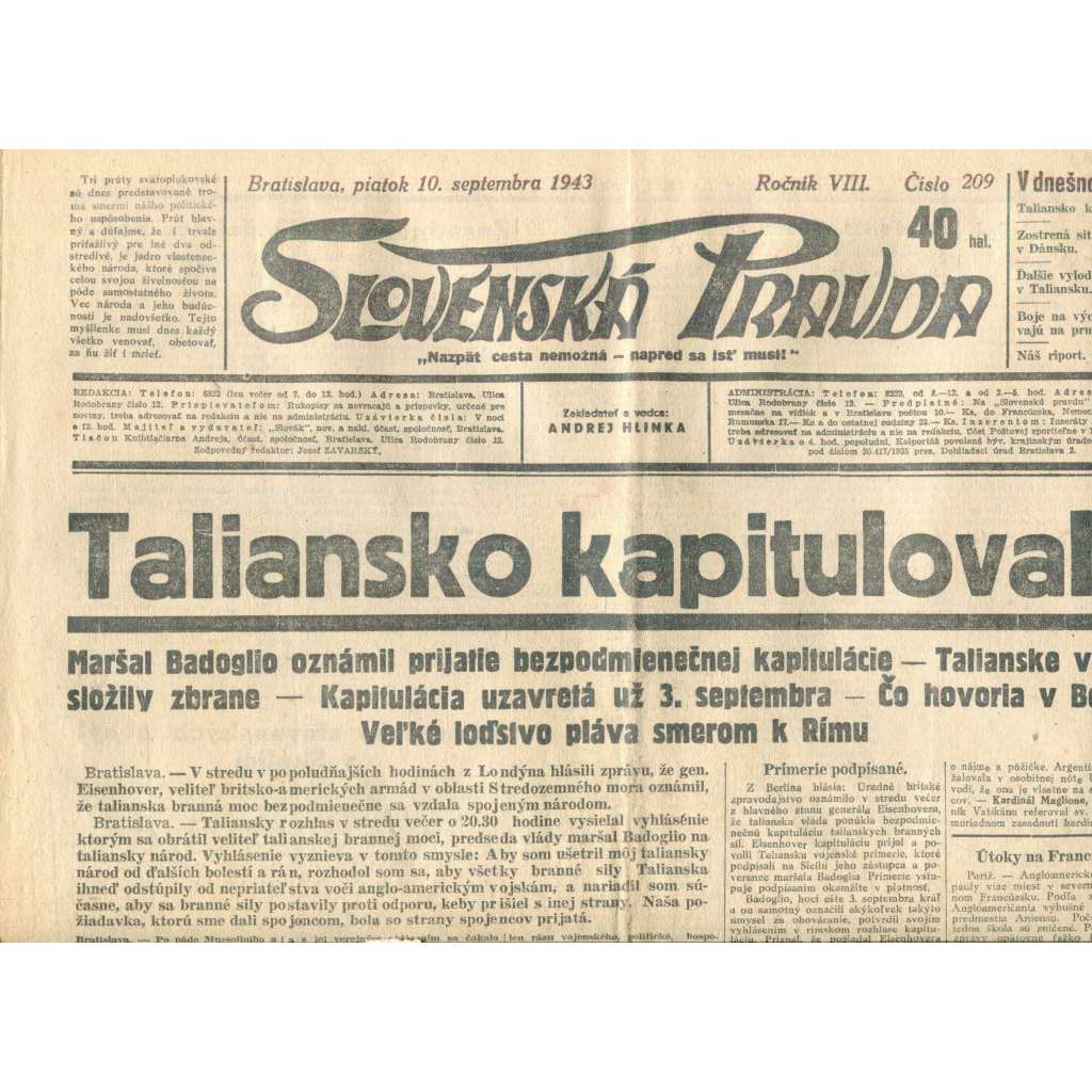 Slovenská pravda 10.9.1943 (noviny, text slovensky, zakladatel Andrej Hlinka, Slovenský stát)