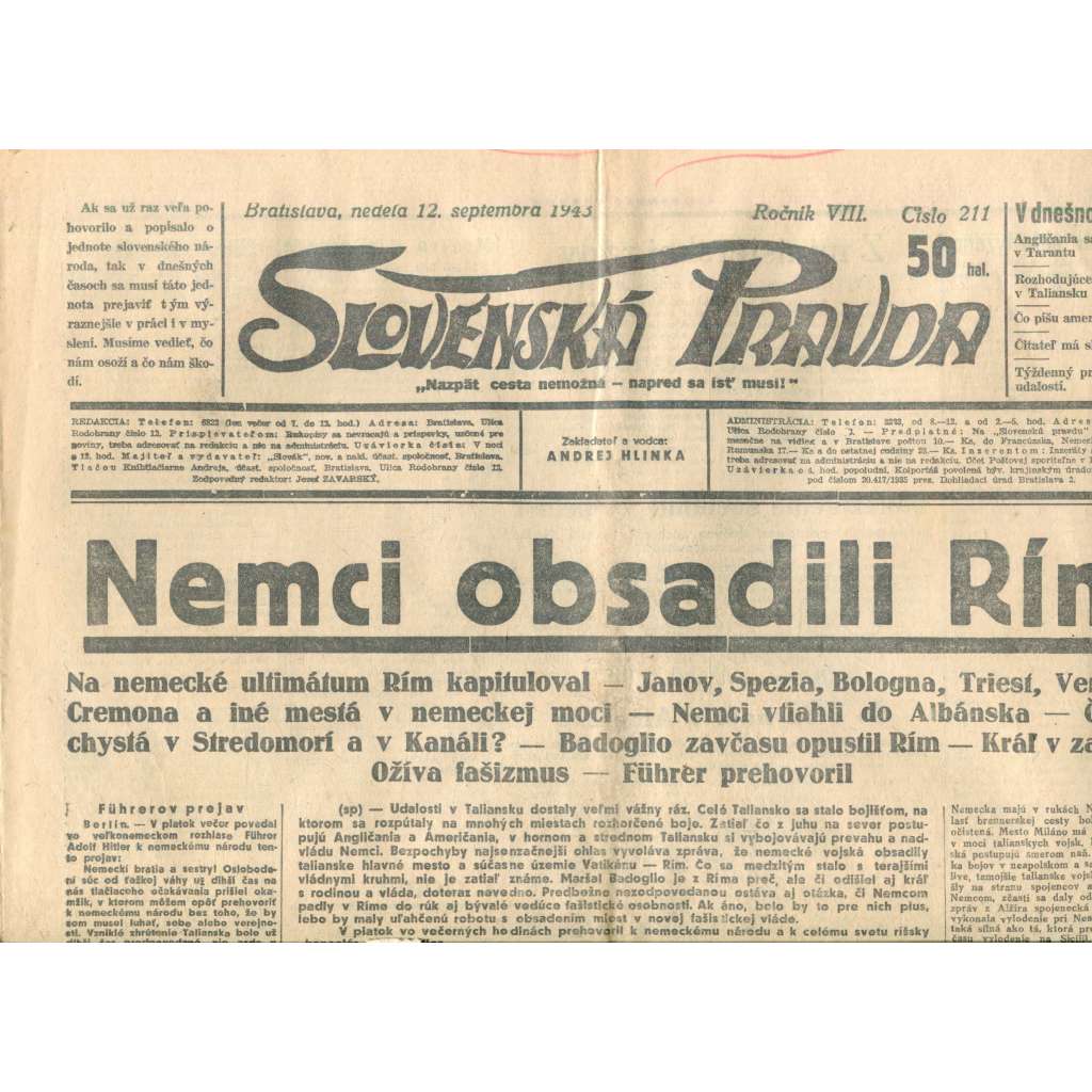 Slovenská pravda 12.9.1943 (noviny, text slovensky, zakladatel Andrej Hlinka, Slovenský stát)
