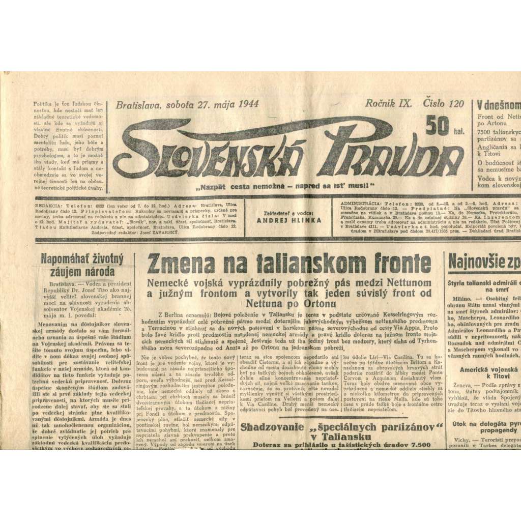 Slovenská pravda 27.5.1944 (noviny, text slovensky, zakladatel Andrej Hlinka, Slovenský stát)