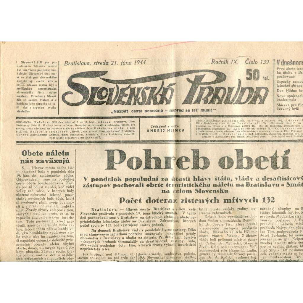 Slovenská pravda 21.6.1944 (noviny, text slovensky, zakladatel Andrej Hlinka, Slovenský stát)