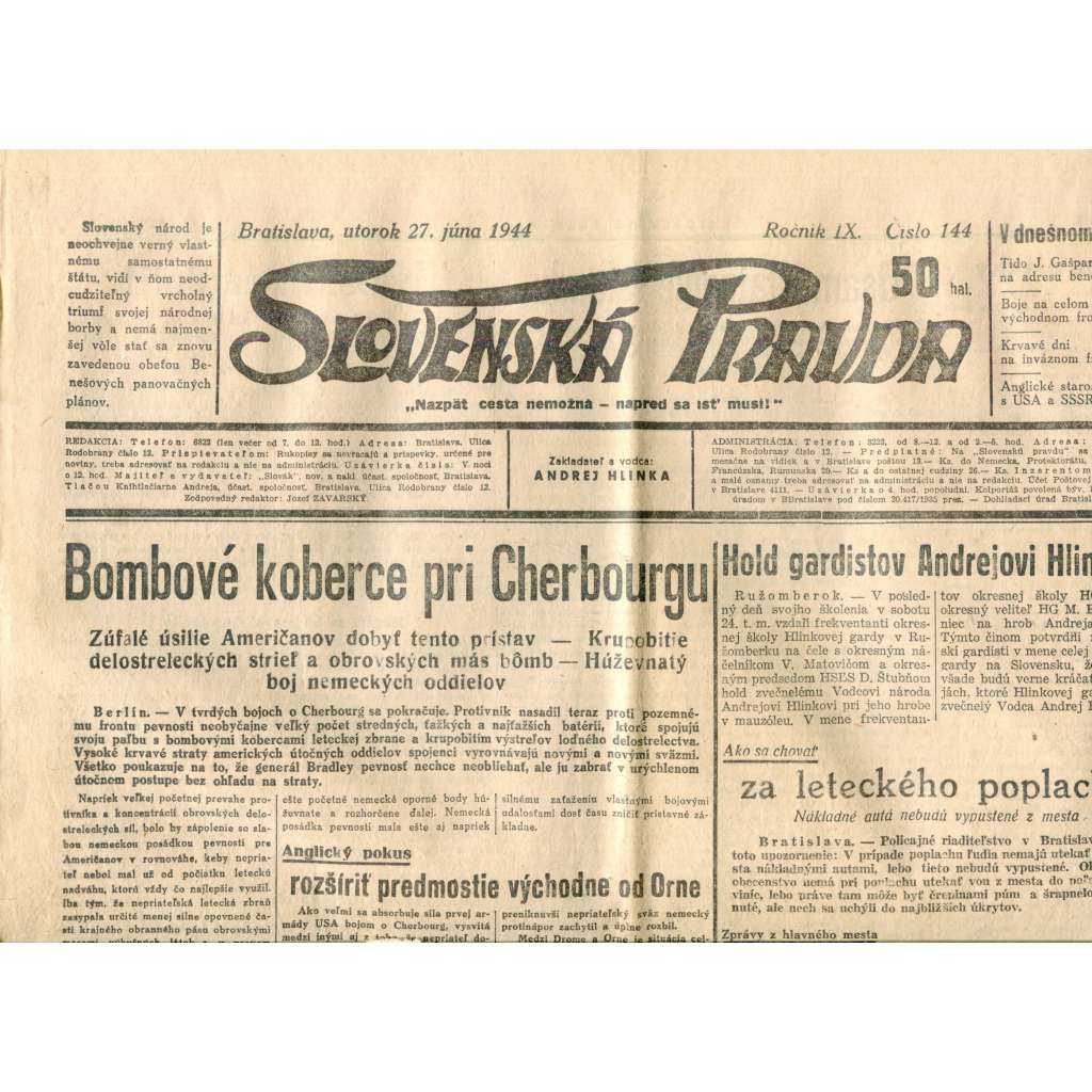 Slovenská pravda 27.6.1944 (noviny, text slovensky, zakladatel Andrej Hlinka, Slovenský stát)