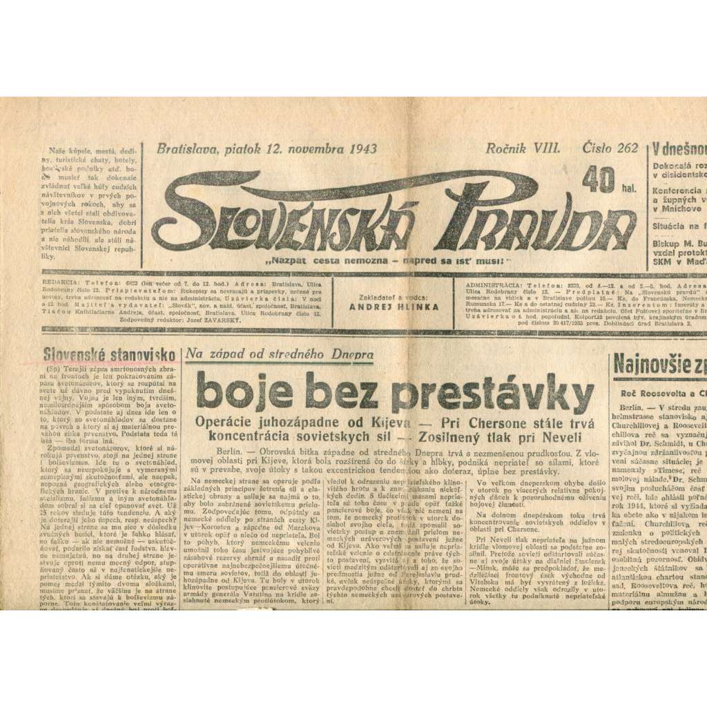 Slovenská pravda 12.11.1943 (noviny, text slovensky, zakladatel Andrej Hlinka, Slovenský stát)