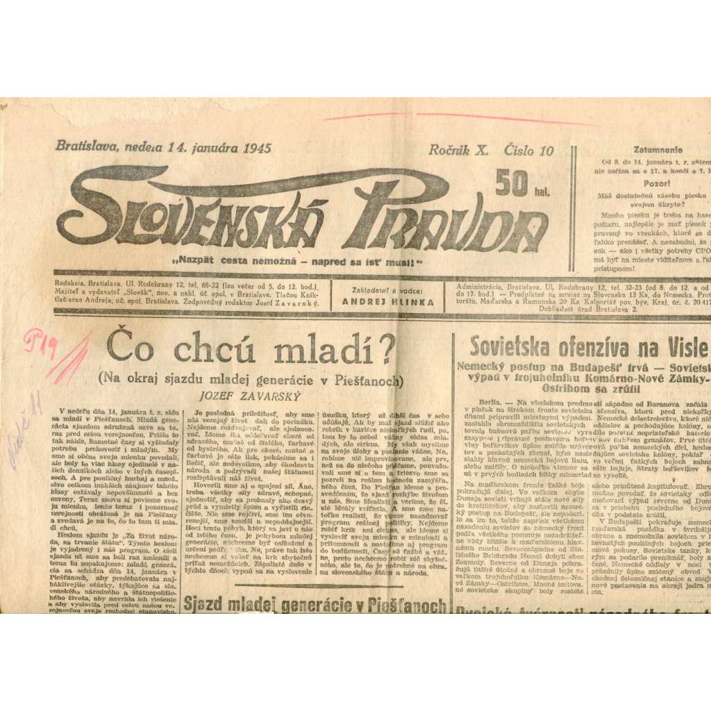 Slovenská pravda 14.1.1945 (noviny, text slovensky, zakladatel Andrej Hlinka, Slovenský stát)