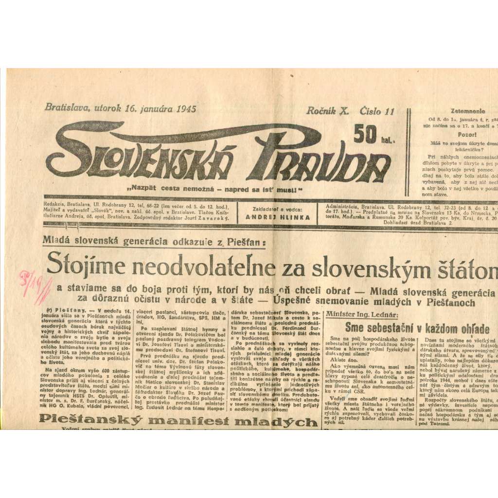 Slovenská pravda 16.1.1945 (noviny, text slovensky, zakladatel Andrej Hlinka, Slovenský stát)