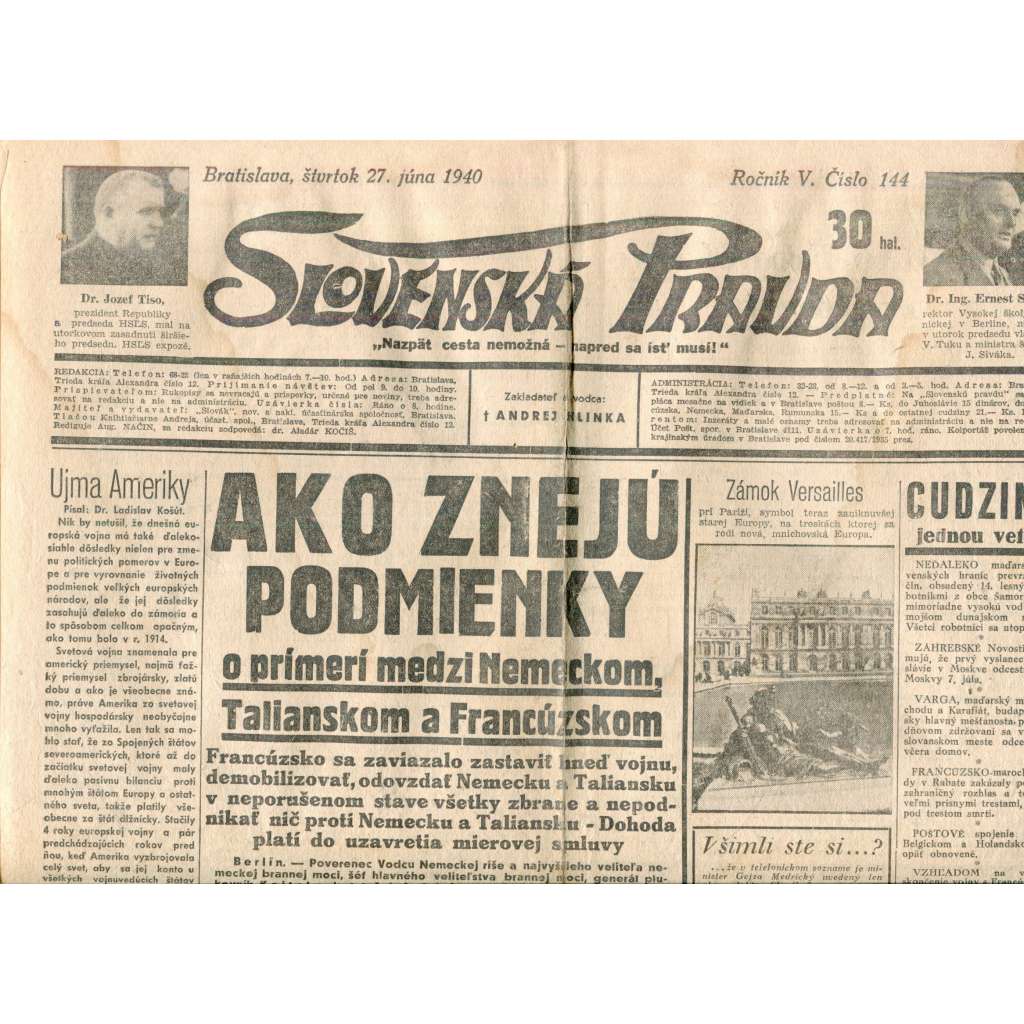 Slovenská pravda 27.6.1940 (noviny, text slovensky, zakladatel Andrej Hlinka, Slovenský stát)