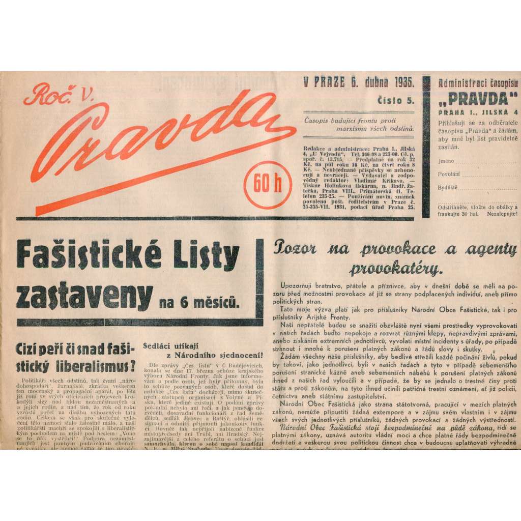 Pravda, ročník V., číslo 5/1935. Časopis budující frontu proti marxismu všech odstínů (1. republika, noviny)