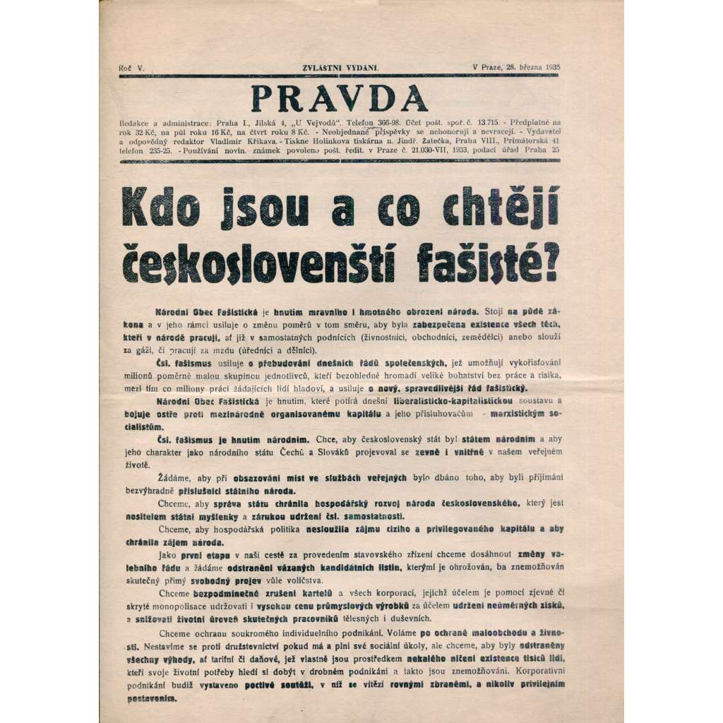 Pravda, ročník V., zvláštní vydání 1935. Časopis budující frontu proti marxismu všech odstínů (1. republika, noviny)
