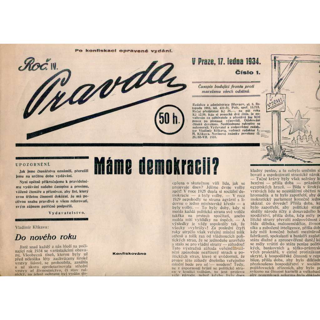 Pravda, ročník IV., číslo 1/1934. Časopis budující frontu proti marxismu všech odstínů (1. republika, noviny)