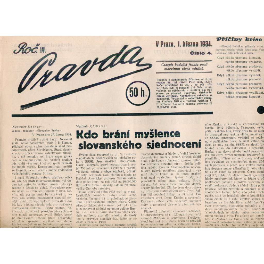 Pravda, ročník IV., číslo 4/1934. Časopis budující frontu proti marxismu všech odstínů (1. republika, noviny)