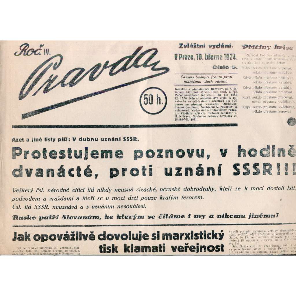 Pravda, ročník IV., číslo 5/1934. Časopis budující frontu proti marxismu všech odstínů (1. republika, noviny)
