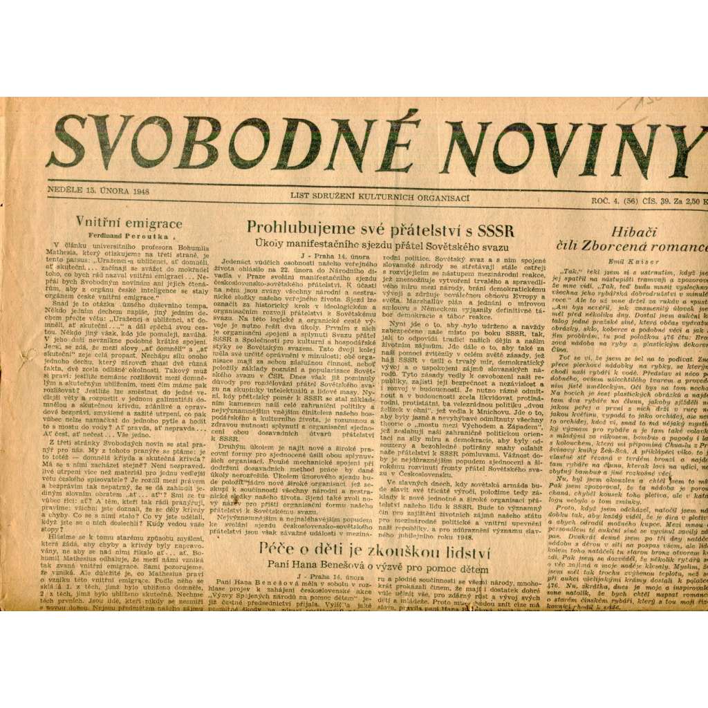 Svobodné noviny (15.2.1948) List sdružení kulturních organisací