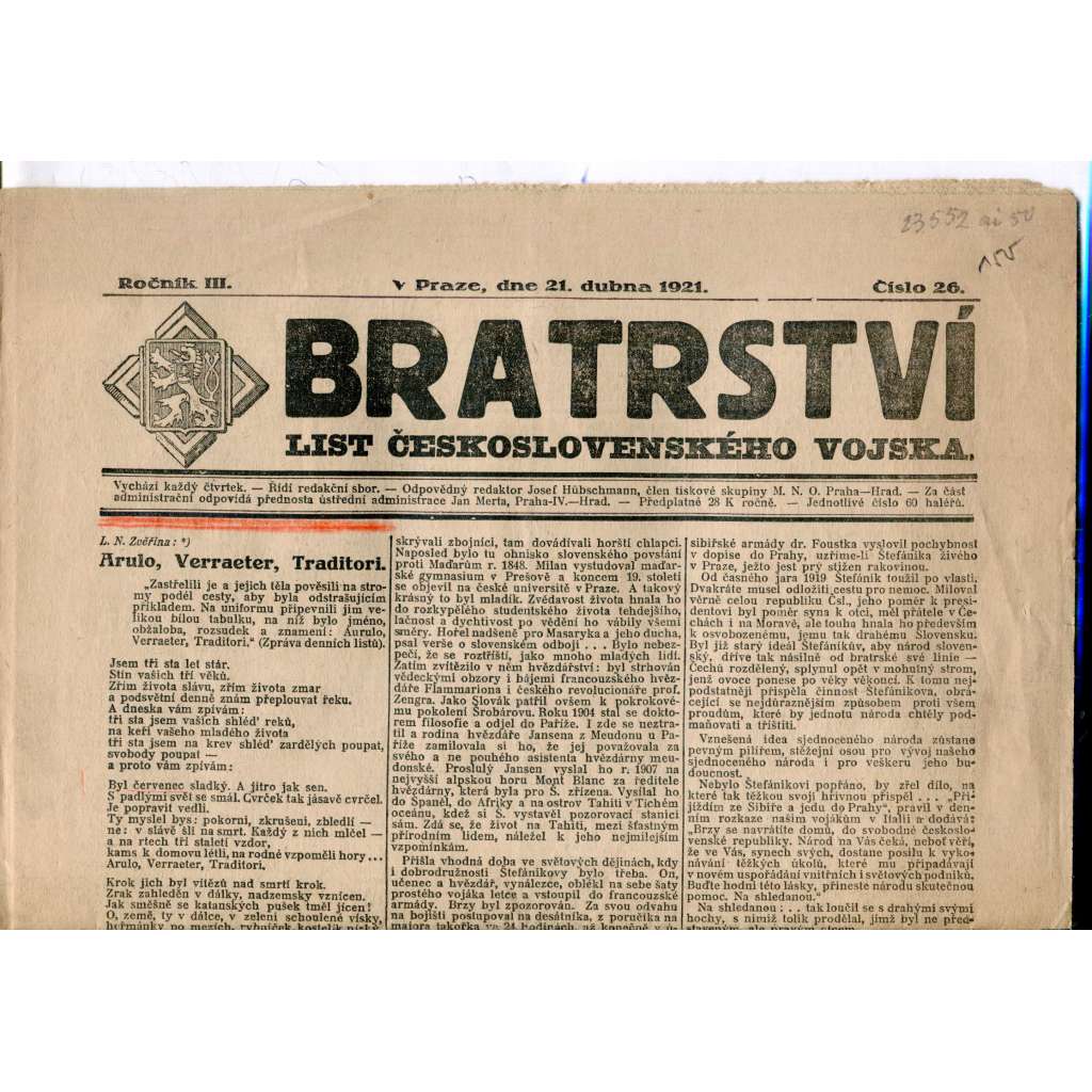 Bratrství. List československého vojska (21.4.1921) - staré noviny, 1. republika