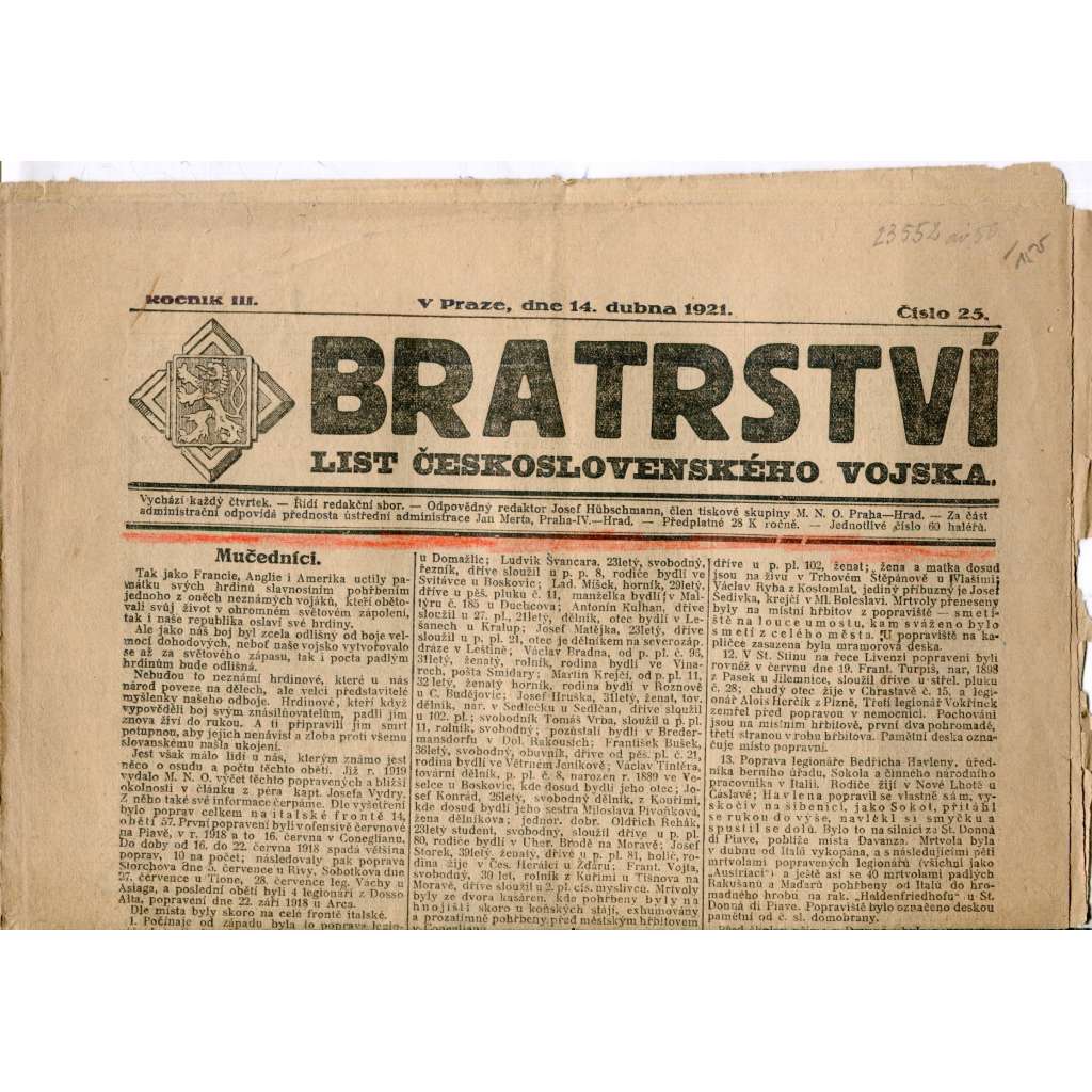 Bratrství. List československého vojska (14.4.1921) - staré noviny, 1. republika