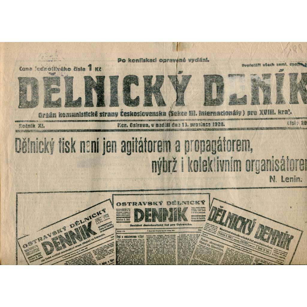 Dělnický deník, ročník XI., číslo 291/1928 (1. republika, staré noviny, komunistická literatura) - Ostrava (13.12.1928)