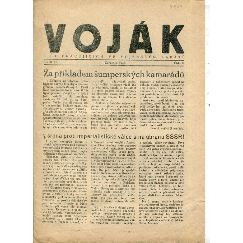 Voják. List pracujících ve vojenském kabátě (ročník IV., číslo 9/1933) - staré noviny, 1. republika