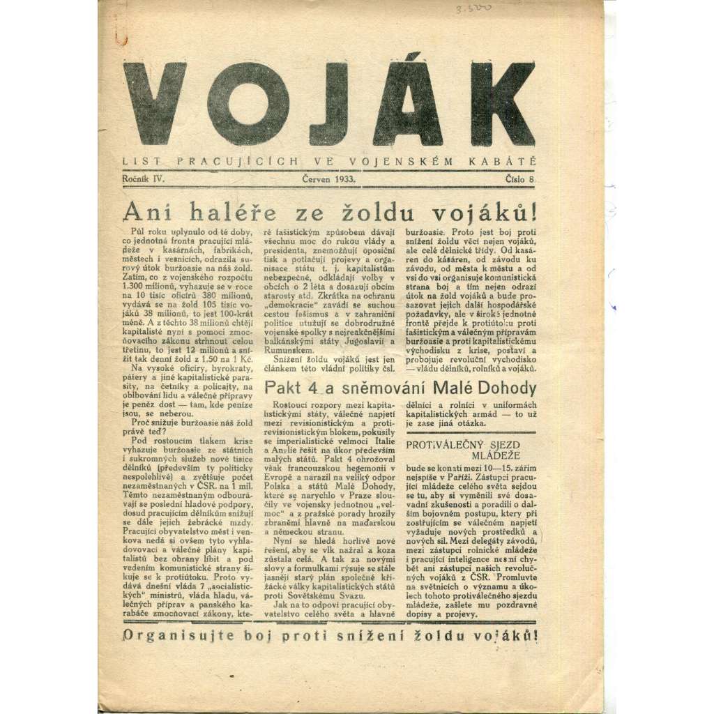 Voják. List pracujících ve vojenském kabátě (ročník IV., číslo 8/1933) - staré noviny, 1. republika