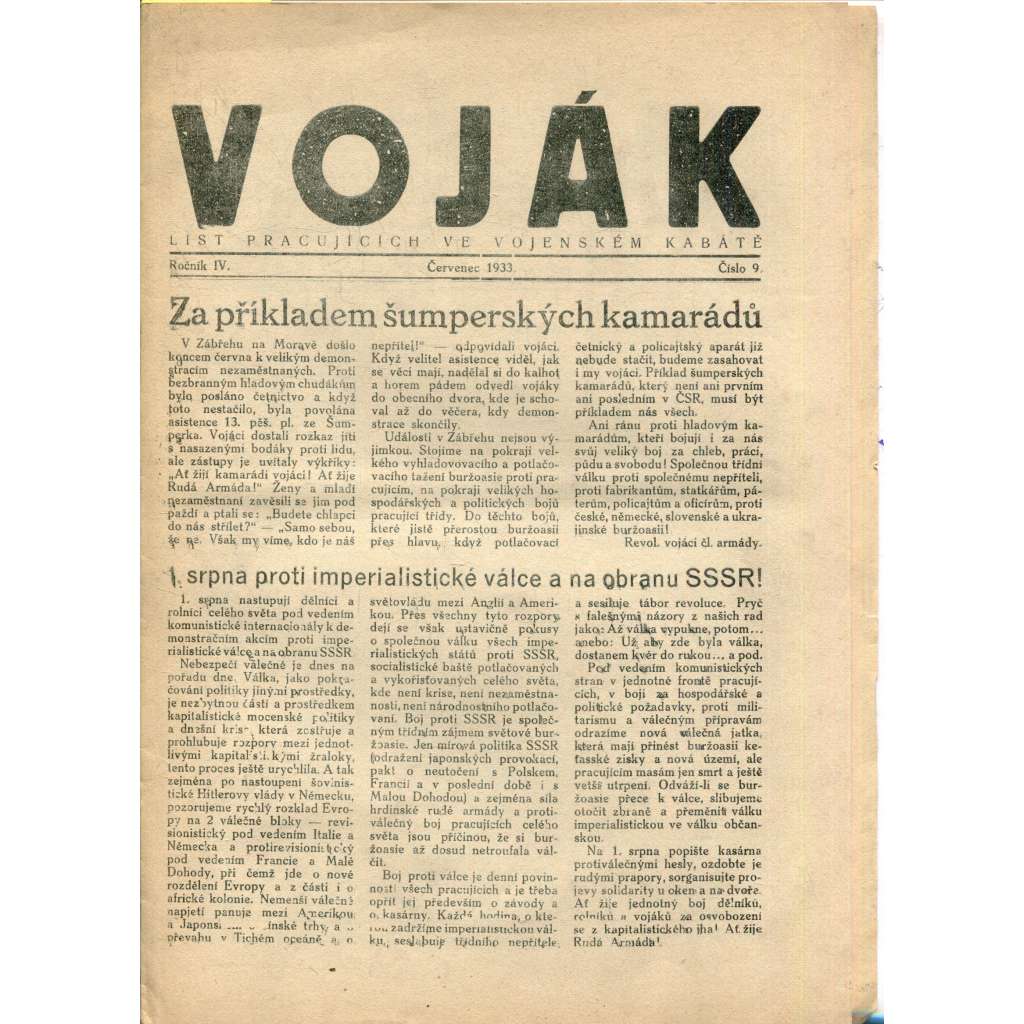 Voják. List pracujících ve vojenském kabátě (ročník IV., číslo 9/1933) - staré noviny, 1. republika
