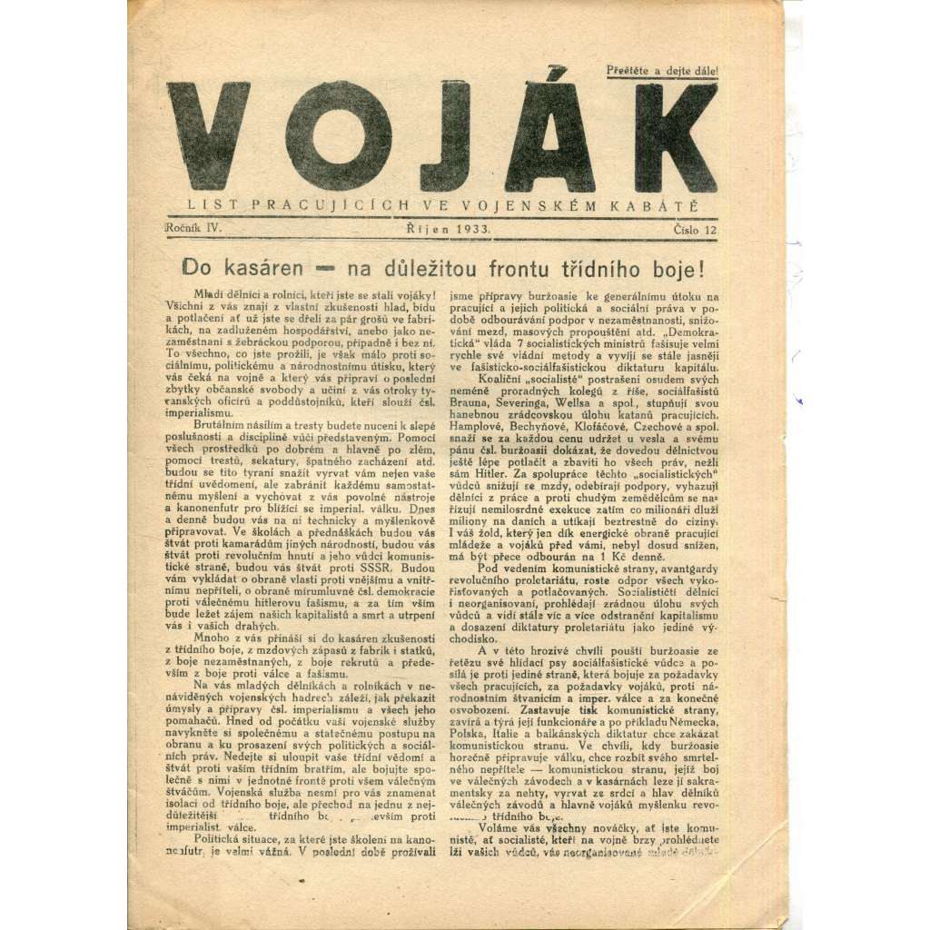 Voják. List pracujících ve vojenském kabátě (ročník IV., číslo 12/1933) - staré noviny, 1. republika