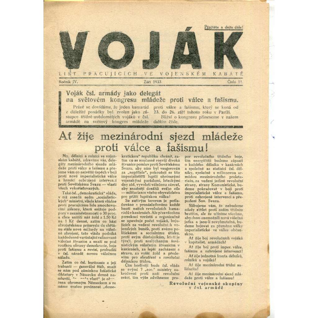 Voják. List pracujících ve vojenském kabátě (ročník IV., číslo 11/1933) - staré noviny, 1. republika