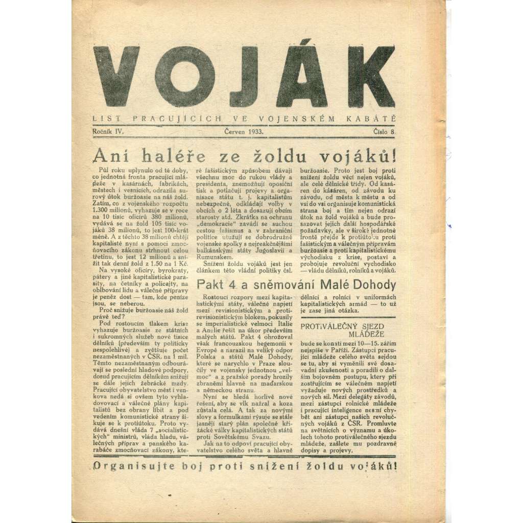 Voják. List pracujících ve vojenském kabátě (ročník IV., číslo 8/1933) - staré noviny, 1. republika