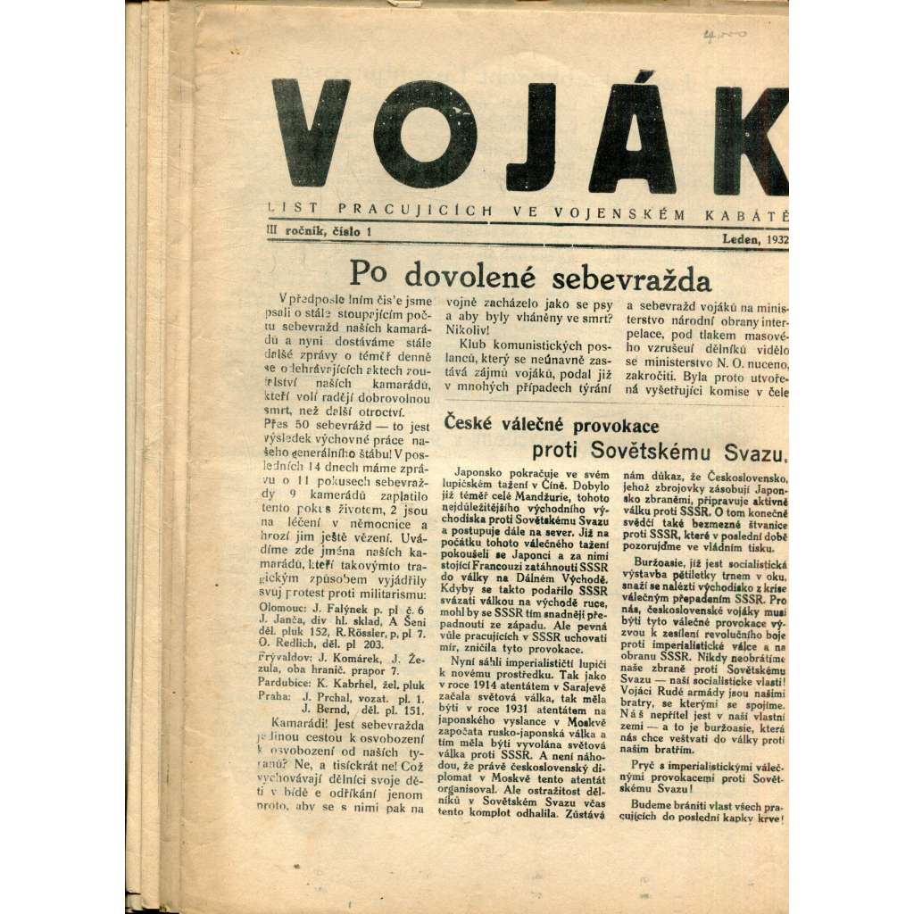 Voják. List pracujících ve vojenském kabátě (ročník III., čísla 1-10/1932) - staré noviny, 1. republika