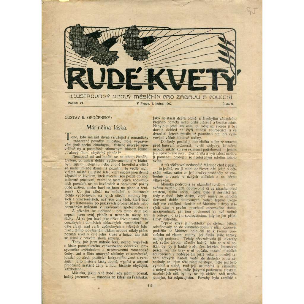 Rudé květy, ročník VI. číslo 8/1907 (Illustrovaný lidový měsíčník pro zábavu a poučení) - noviny, časopis