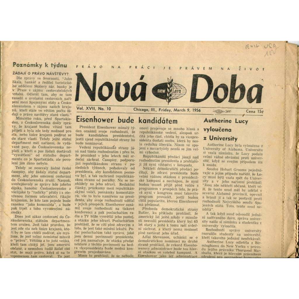Nová doba (9.3.1956) - staré noviny, exil, USA