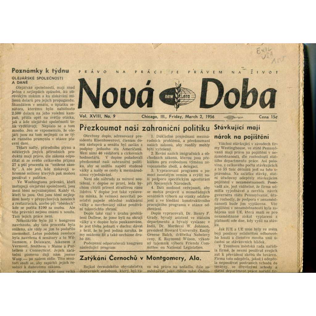 Nová doba (2.3.1956) - staré noviny, exil, USA