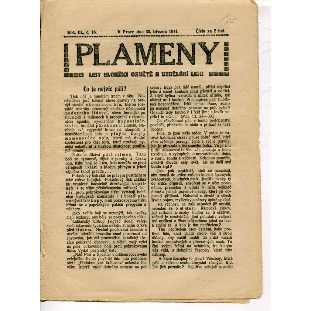 Plameny, ročník III., číslo 16/1911 (List sloužící osvětě a vzdělání lidu) - 30.3.1911 (časopis, noviny)