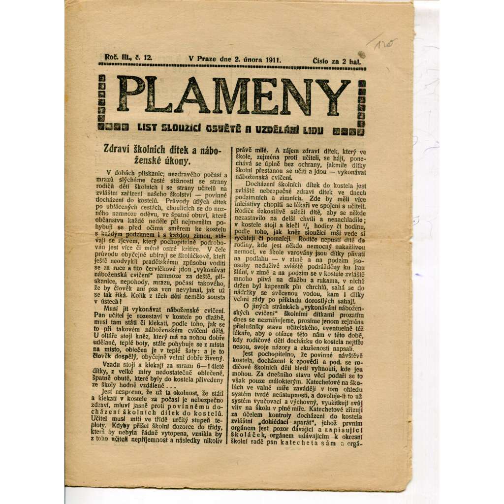 Plameny, ročník III., číslo 12/1911 (List sloužící osvětě a vzdělání lidu) - 2.2.1911 (časopis, noviny)