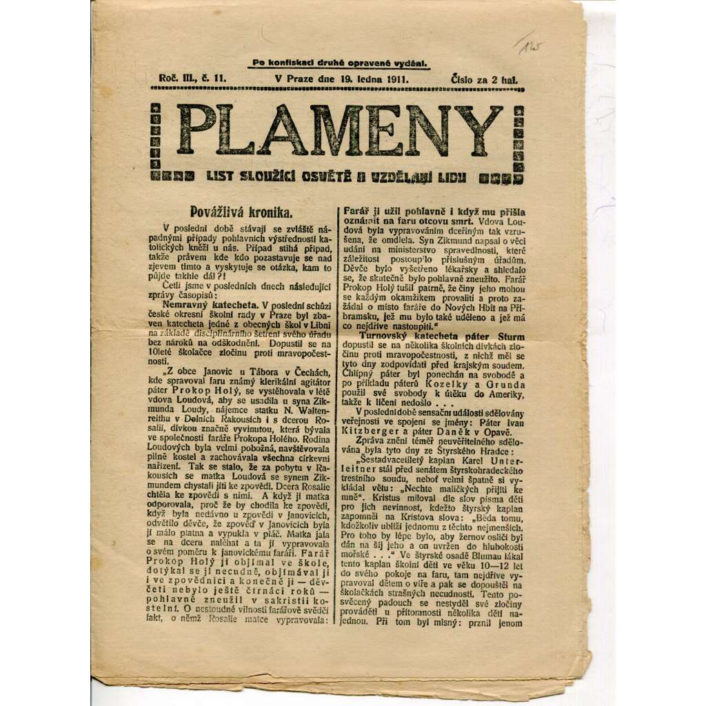 Plameny, ročník III., číslo 11/1911 (List sloužící osvětě a vzdělání lidu) - 19.1.1911 (časopis, noviny)