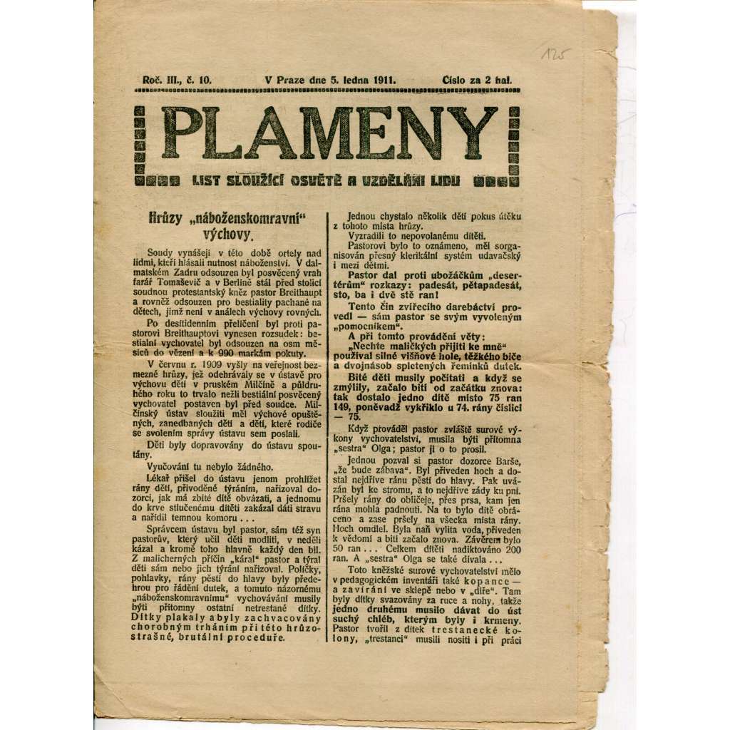 Plameny, ročník III., číslo 10/1911 (List sloužící osvětě a vzdělání lidu) - 5.1.1911 (časopis, noviny)