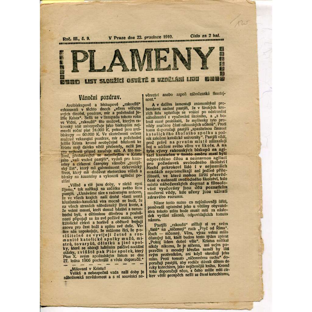 Plameny, ročník III., číslo 9/1910 (List sloužící osvětě a vzdělání lidu) - 22.12.1910 (časopis, noviny)