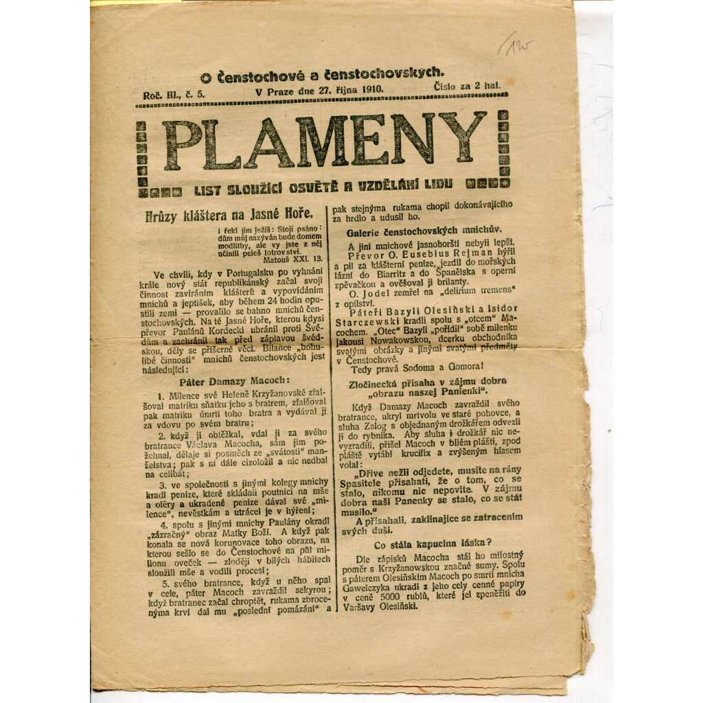 Plameny, ročník III., číslo 5/1910 (List sloužící osvětě a vzdělání lidu) - 27.10.1910 (časopis, noviny)