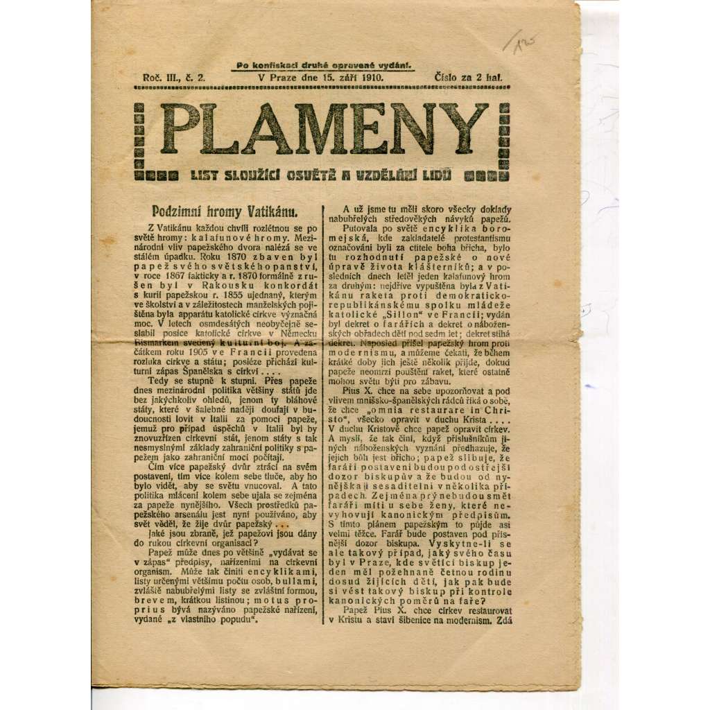 Plameny, ročník III., číslo 2/1910 (List sloužící osvětě a vzdělání lidu) - 15.9.1910 (časopis, noviny)