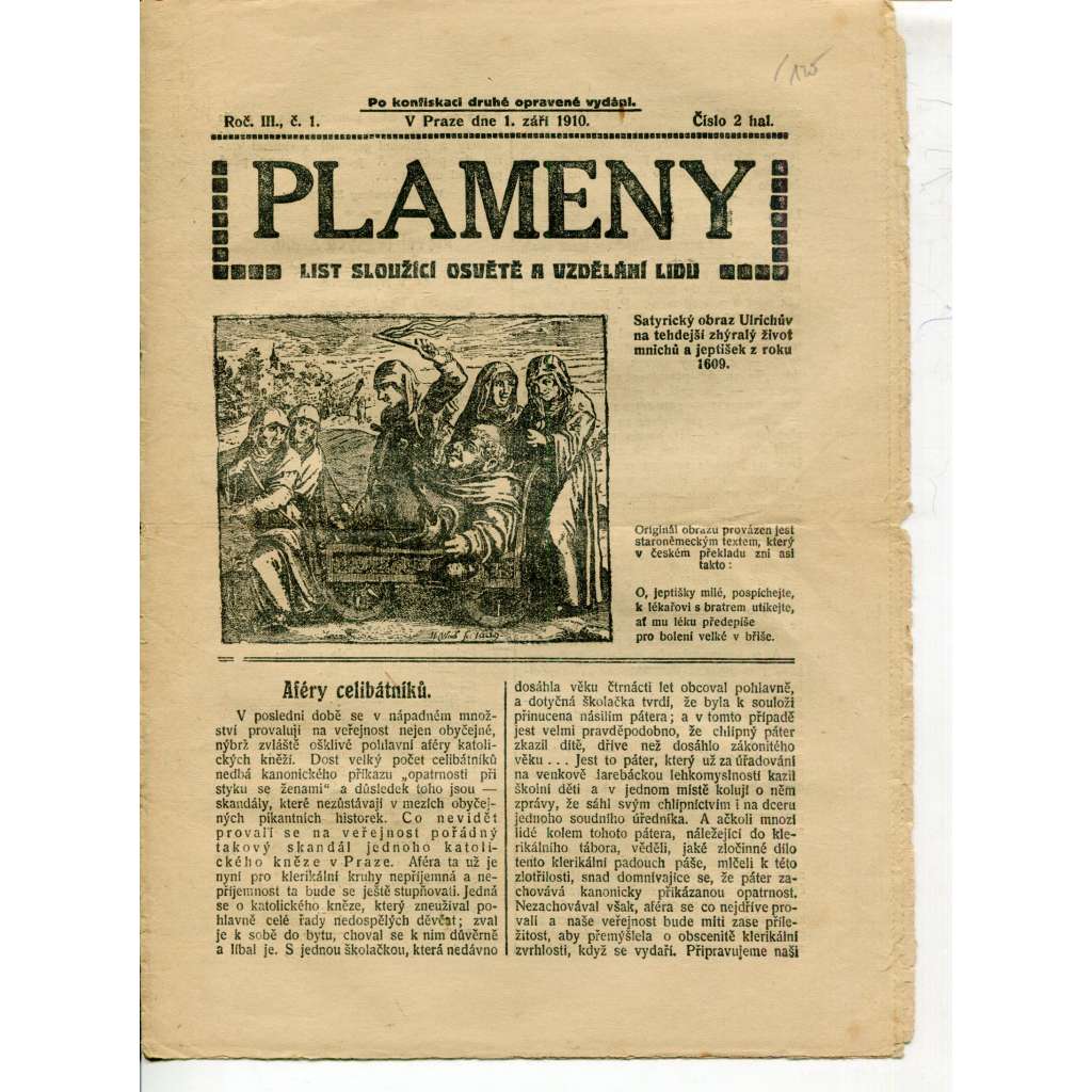Plameny, ročník III., číslo 1/1910 (List sloužící osvětě a vzdělání lidu) - 1.9.1910 (časopis, noviny)