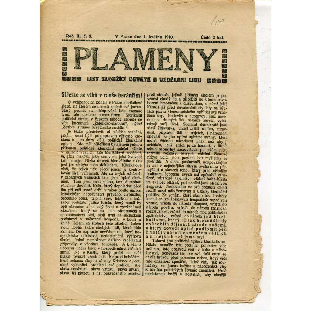 Plameny, ročník II., číslo 9/1910 (List sloužící osvětě a vzdělání lidu) - 1.5.1910 (časopis, noviny)
