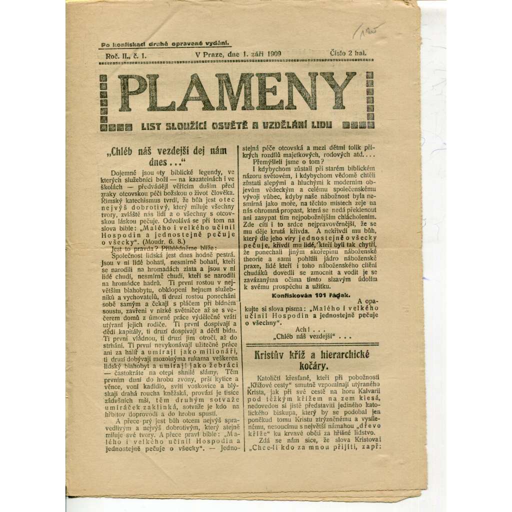 Plameny, ročník II., číslo 1/1909 (List sloužící osvětě a vzdělání lidu) - 1.9.1909 (časopis, noviny)