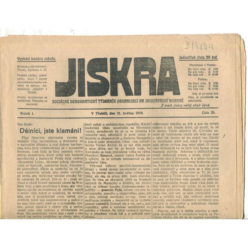 Jiskra, ročník I., číslo 20/1919. Sociálně demokratický týdenník organisací na jihozápadní Moravě - 31.5.1919 (1. republika, noviny)