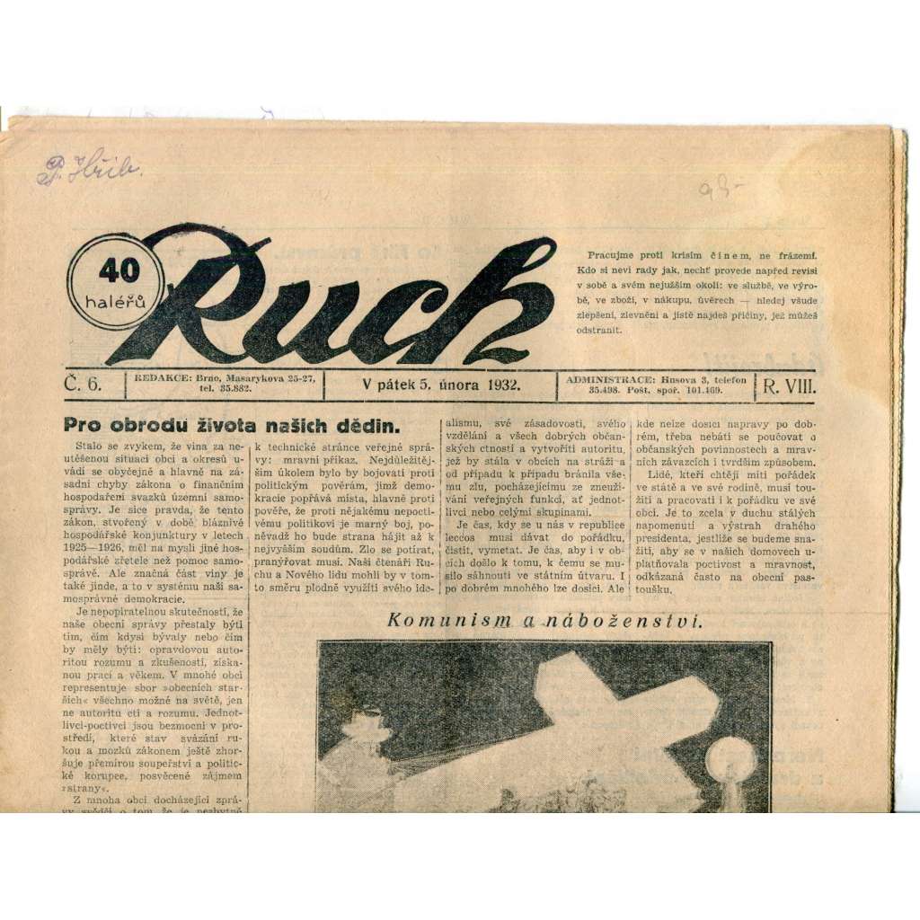 Ruch, ročník VIII., číslo 6. (5.2.1932) - Nezávislý deník, noviny, 1. republika